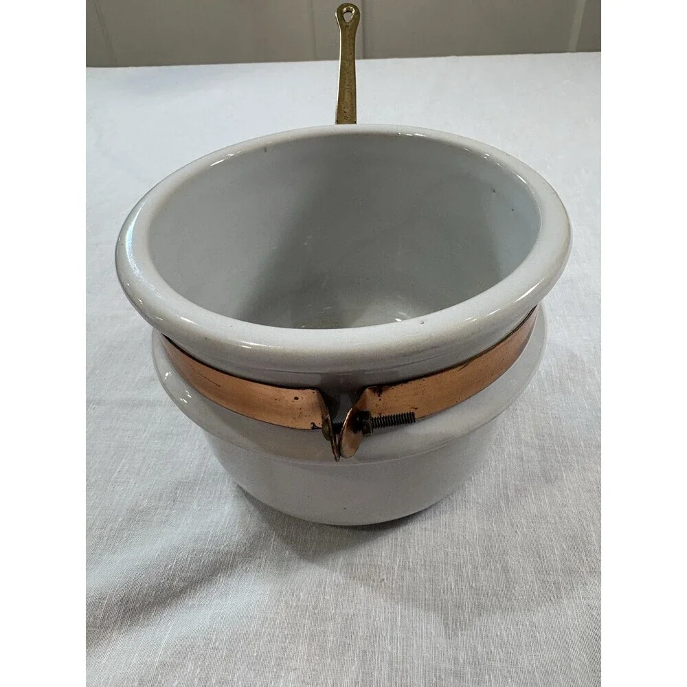 Vintage White Stoneware Double Boiler Pot Insert Copper & Brass Handle 1.5 QT
